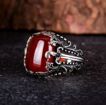 Red Agate Rectangle Sword Band Silver Ring, Silver Handmade Jewelry, 925 Silver - £85.64 GBP