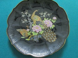 Japanese Peacocks Black Collector Plate Hand Painted Gold - $29.39