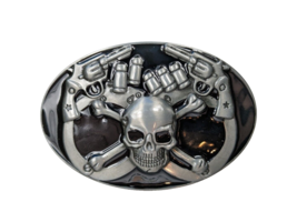 Biker Skull Six Shooter Gun Hand Cuffs Belt Buckle NEW Metal outlaw - $7.15