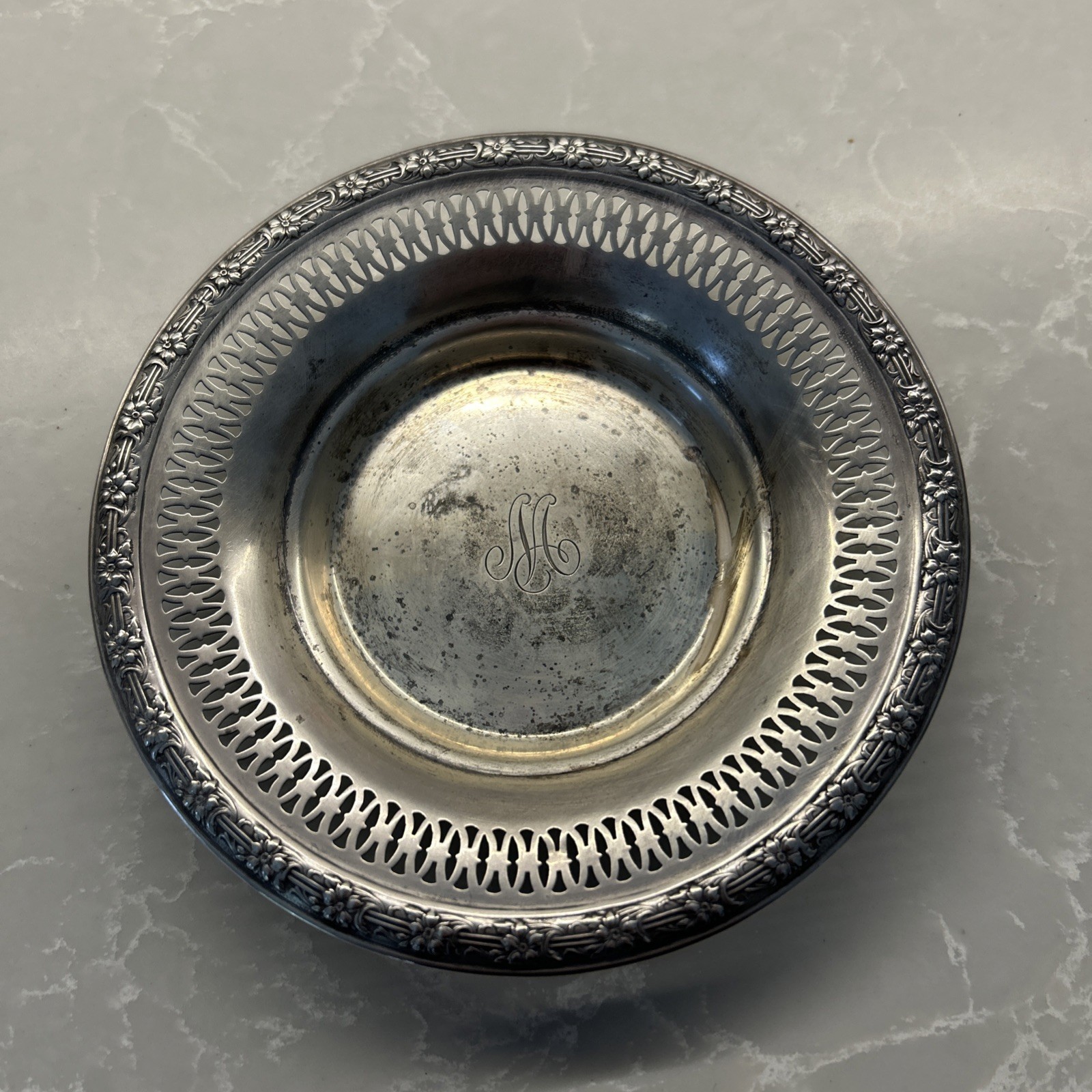 Beautiful Detailed Silver Initialed Bowl 6” - $287.10