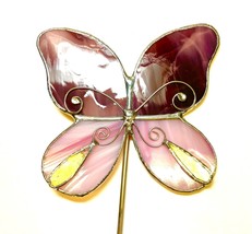 Purple and Pink Butterfly Stained Glass Garden Art Stake - £35.92 GBP