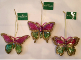 Kurt Adler Set Of 3 Rainbow Butterflies w/ Gold Glitter Trim Christmas Ornaments - £10.29 GBP