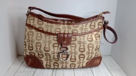 Etienne Aigner Tan Brown Logo Fabric Leather Handbag Purse Shoulder Bag Medium - £19.77 GBP