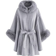 Front Tie Sash Faux Fur Poncho One Size Grey Pockets Hook Closure Unlined NEW - £48.43 GBP