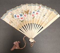 Vintage Japanese Asian Hand Held Paper Fan 8&quot; Delicate Floral Butterfly ... - £18.45 GBP