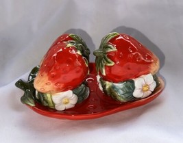 Corner Ruby Strawberry Shaped 3 Piece Salt &amp; Pepper Shakers On a Leaf Tr... - $27.99