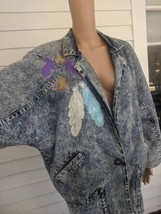 80s Denim Jacket Jean Embellished Feathers Thunderbird Western Boxy Unisex M L - £100.38 GBP