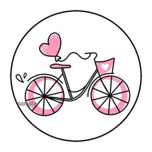 30 PINK BIKE WITH HEARTS ENVELOPE SEALS LABELS STICKERS 1.5&quot; ROUND LOVE - £5.91 GBP