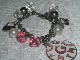 Estate Pink &amp; Clear Faceted Plastic Bead w Different Silvertone &amp; Enamel G Charm - £9.63 GBP