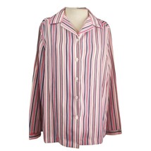 Vintage 70s Pink Blue and White Striped Polyester Blouse Size Large - £19.67 GBP