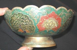 Vintage Solid Brass Pedestal Bowl Enamel India Pakistan - £15.61 GBP