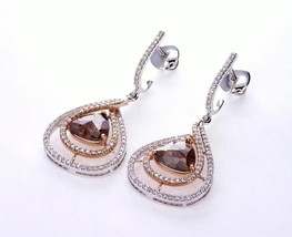 Rose Cut Diamond Drop Double Halo Earrings 3.98 TCW Brown Trillion Cut 14K Gold - £1,738.59 GBP