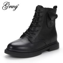 100% Genuine Leather Women Boots Spring Autumn Women&#39;s Platform Ankle Boot Real  - £68.87 GBP