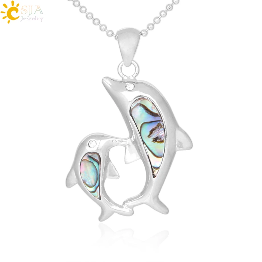 CSJA Abalone Shell Necklace Natural New Zealand Blue Mother Pearl Double Dolphin - £10.77 GBP