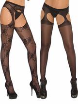 Angelique Womens Sexy Black Sheer and Floral Lace Crochless Suspender Pantyhose  - $23.95