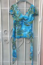 DAISY FUENTES ~ Sz S Women Blue Paisley Cap Sleeve Blouse Lined Zip ~ SH... - £17.29 GBP