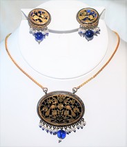 Cobalt Glass with Pierced Vermeil Overlay Jewelry Set 17&quot; Necklace and Earrings - £71.67 GBP