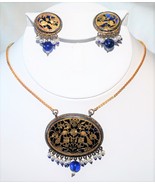 Cobalt Glass with Pierced Vermeil Overlay Jewelry Set 17&quot; Necklace and E... - £70.35 GBP