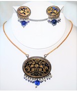 Cobalt Glass with Pierced Vermeil Overlay Jewelry Set 17&quot; Necklace and E... - $89.99