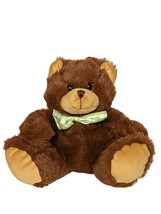 World Plush Brown Teddy Bear Plush Green Gingham Bow Stuffed Animal 9&quot; - £16.08 GBP