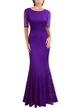 O-neck Short Sleeve Satin Lace Mermaid Modern Style purple Evening Dress - £84.63 GBP