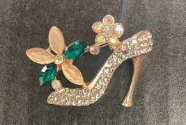 Rhinestone Brooch Flowers and Lady Shoe in Pink Gold Tone - $213.82 MXN