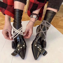 New Spring Summer Fashion Casual Chain Boots Pointed Belt Buckle Patent Leather  - £82.68 GBP