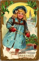 Vintage Christmas Postcard 1914 Little Girl With A Sled And Holly Postmarked - £15.01 GBP
