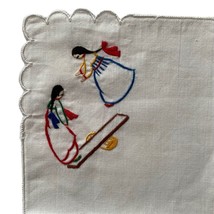 Handkerchief White Hankie Girls Playing Embroidered 9x9” Made In Korea - $11.20