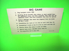 BIG GAME 1980 Original Flipper Pinball Machine Instruction Card 2-Sided - £16.70 GBP