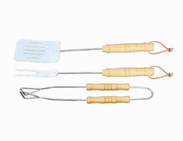 NEW BBQ PRO Chrome Grill Tool Set 3 pc hardwood handles w/ spatula, fork, tongs - £6.35 GBP