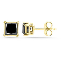 1.50 Carat Princess Black Simulate Diamond Stud Earrings Solid 14kt Yellow Gold - £28.38 GBP