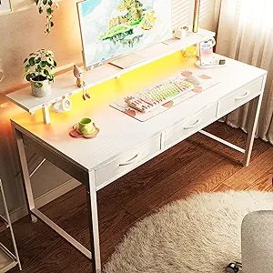 55 Inch Computer Desk With 3 Drawers, Office Desk Gaming Desk With Led L... - £174.16 GBP