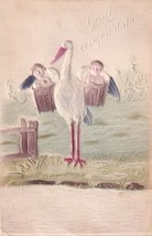 Hearty Congratulations Stork With Two Babies Embossed Postcard C14 - £2.36 GBP