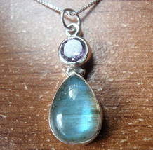 Labradorite and Faceted Amethyst Teardrop 925 Sterling Silver Pendant - £65.66 GBP