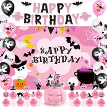 Pink Halloween Birthday Party Decorations With Happy Birthday Halloween Banner,  - £15.97 GBP