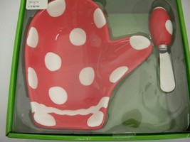 Winter Mitten Shaped Bowl and Spreader Red with White Polka Dots NIB - £7.93 GBP