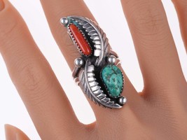 sz9 Large Vintage Navajo sterling turquoise and coral ring - £98.69 GBP