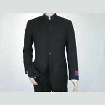 Men Apollo King Banded Collarless suit Mandarin 5 Button Wide leg M5-1 Black image 4