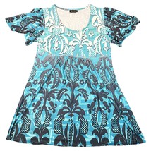 Reborn Dress Womens 1X Blue Damask Print Short Sleeve Pullover Summer Tu... - £20.55 GBP