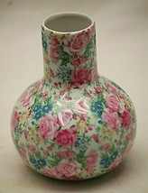 Irice Bud Vase White Porcelain Pink Teal Floral Pattern I.W. Rice &amp; Co. Japan - £23.73 GBP