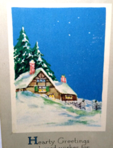 New Years Postcard Blue Skies Cottage Snow Trees Gibson Unused Vintage Original - £8.57 GBP