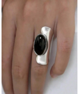 Silver thick full finger black stone ring - $14.11