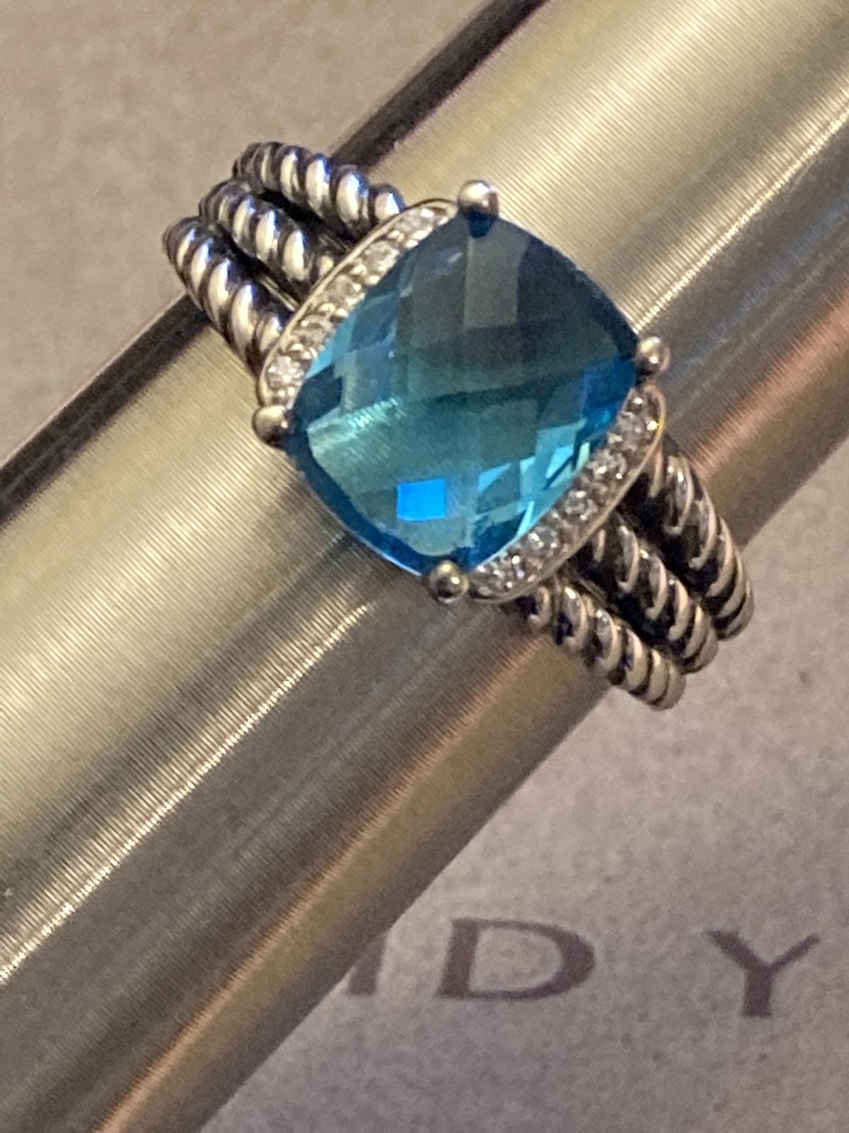 Primary image for Pre Owned David Yurman Petite Wheaton Blue Topaz  Ring 10mmx8mm Size 6