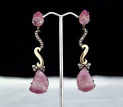Victorian Earring Studded Natural Pink Tourmaline Carved Diamond 18k Gold Silver - £560.64 GBP