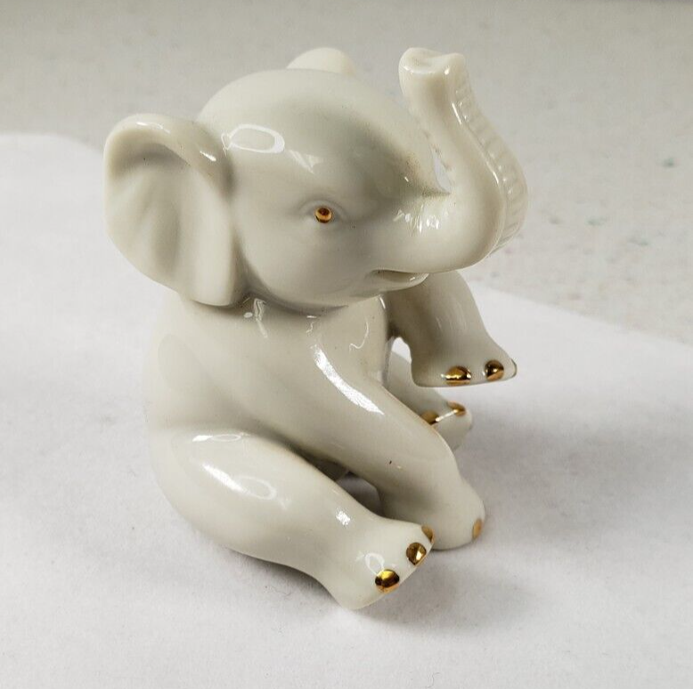 Lenox Porcelain Sitting Baby Elephant Figurine Gold Trim 3" Trunk Up - £13.20 GBP