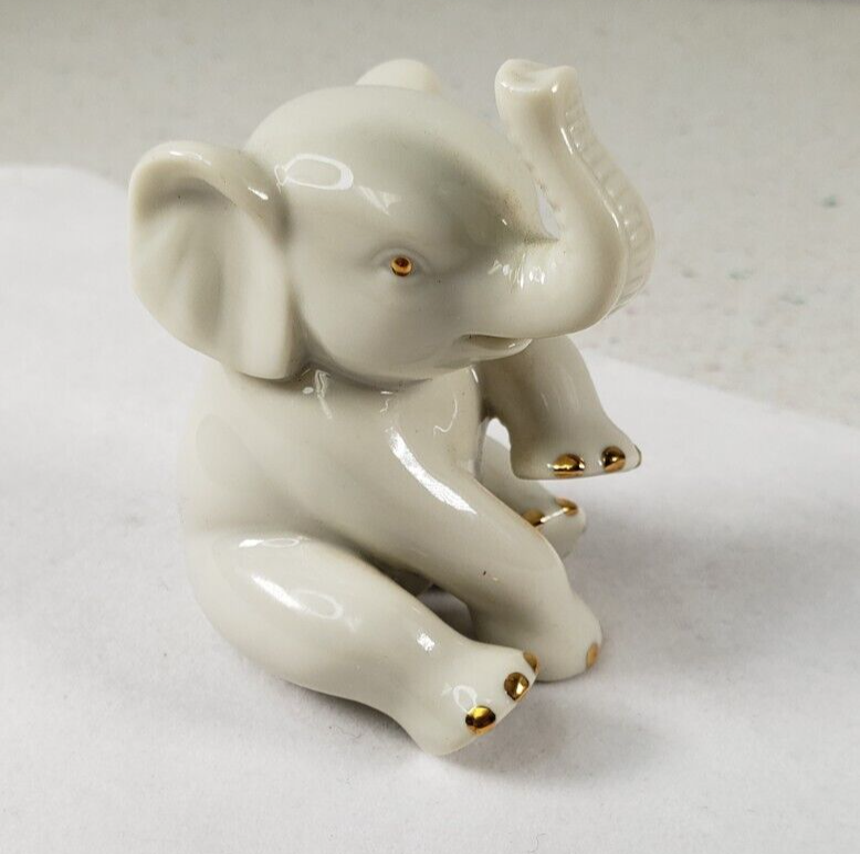 Lenox Porcelain Sitting Baby Elephant Figurine Gold Trim 3" Trunk Up - $16.52