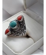 Vtg. Southwestern Turquoise  Coral Sterling Silver Cabochon Ring Sz9 10g... - $84.14