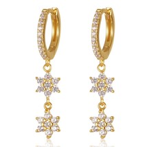 Real S925 Silver Double Snowflake Gold Hoop Earrings with Full Shiny CZ Elegant  - $22.17
