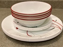 Lot of 12 CORELLE Vitrelle Splendor 4 Dinner, Dessert, Bowl, white, Grey Red - £28.08 GBP